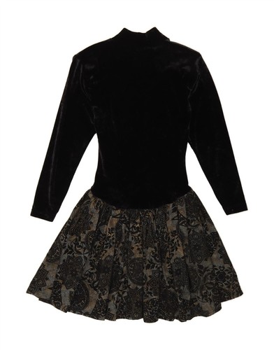 VINTAGE Womens Velvet Drop Waist Dress UK 12 Medium Black Floral Acetate MS04 - Picture 2 of 3