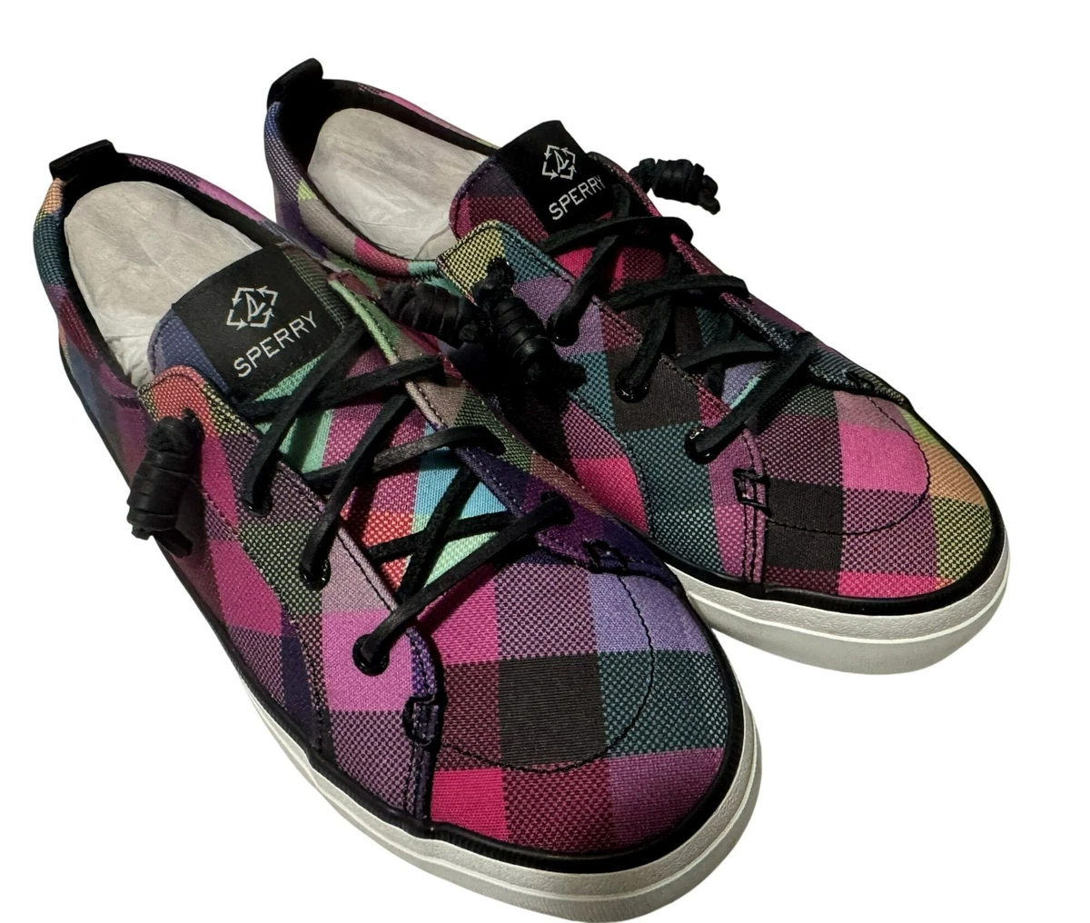 Vintage 90s Sperry Brown Plaid Slip-On Sneakers with Pink Accents. il_fullxfull.5399630317_itth.jpg main image 2