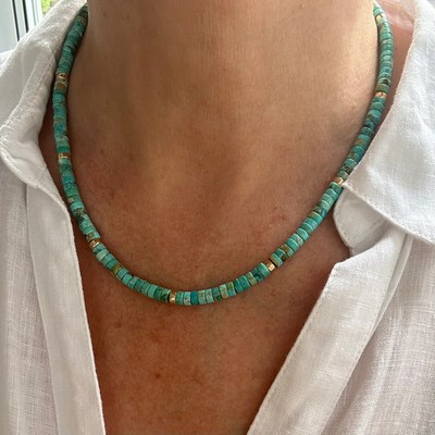 Arizona Turquoise Heishi Necklace 6mm Beads 14k Solid Gold Clasp