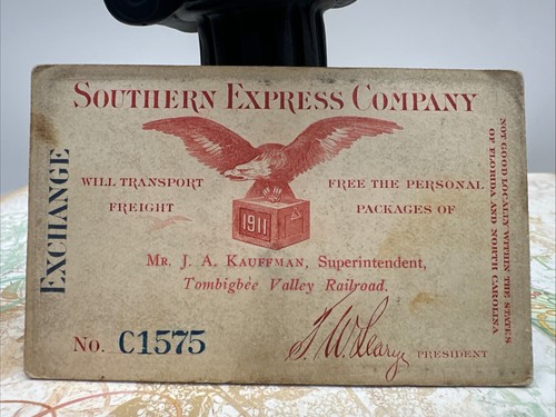 RARE 1911 Southern Express Co. Pass Tombigbee Valley Railroad RR Paper Ephemera
