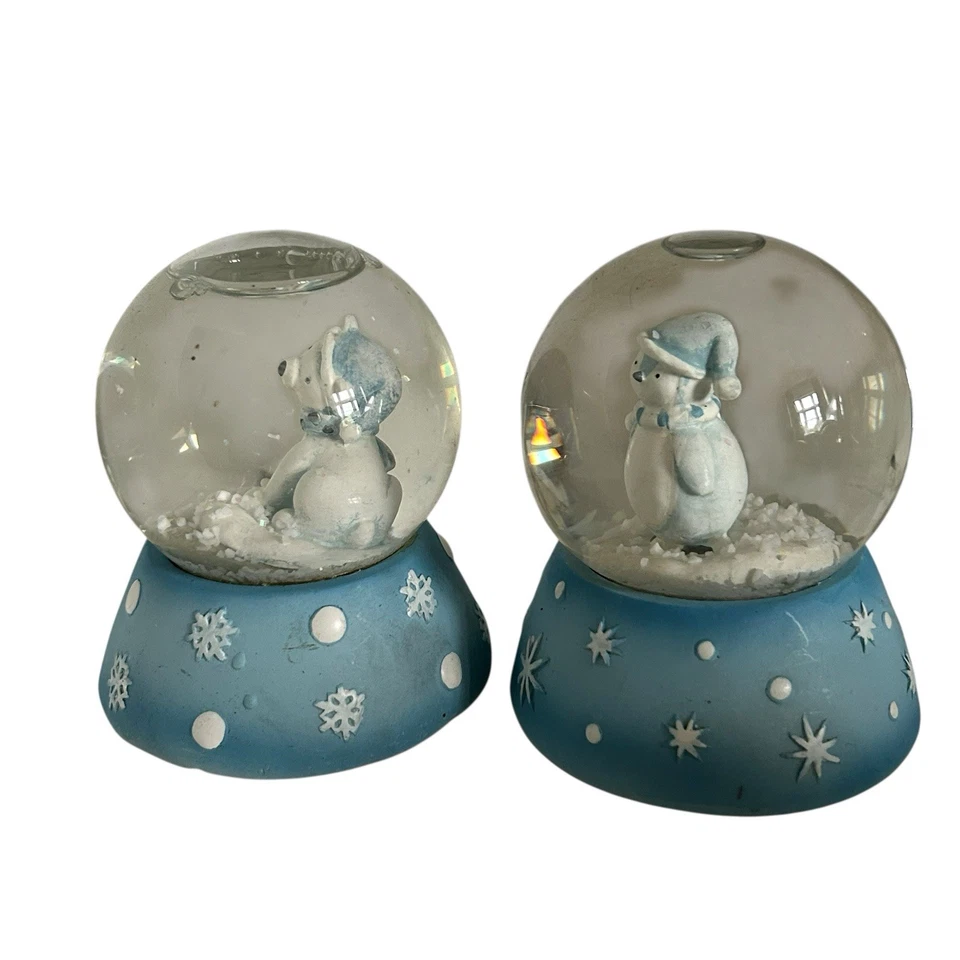 Vintage Snow Globe x2 Winter Polar Bear Penguin Blue White Snowglobe Snowing - Image 2 of 4