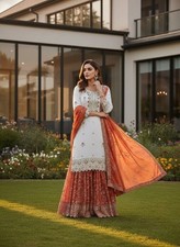 Latest New Pure Chinon Silk Top Palazzo With Orange Dupatta For Function Wear