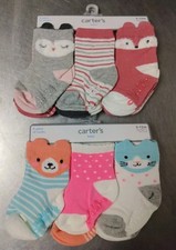 Carters Baby Girl Socks Booties 3-12 Mos 6 Pack 2sets Pink/Black/Teal Character