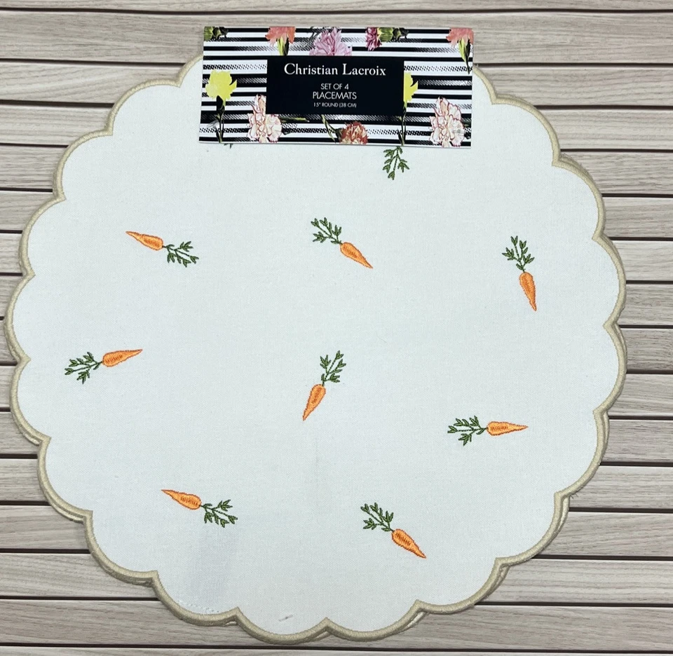 CHRISTIAN LACROIX 4 Stück Ostern Tischsets bestickt gewellter Rand Karotten