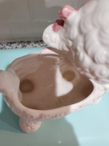 Vintage Baby Lamb Ceramic Planter White Glaze Pink Bow Pastel Flowers - Picture 5 of 10