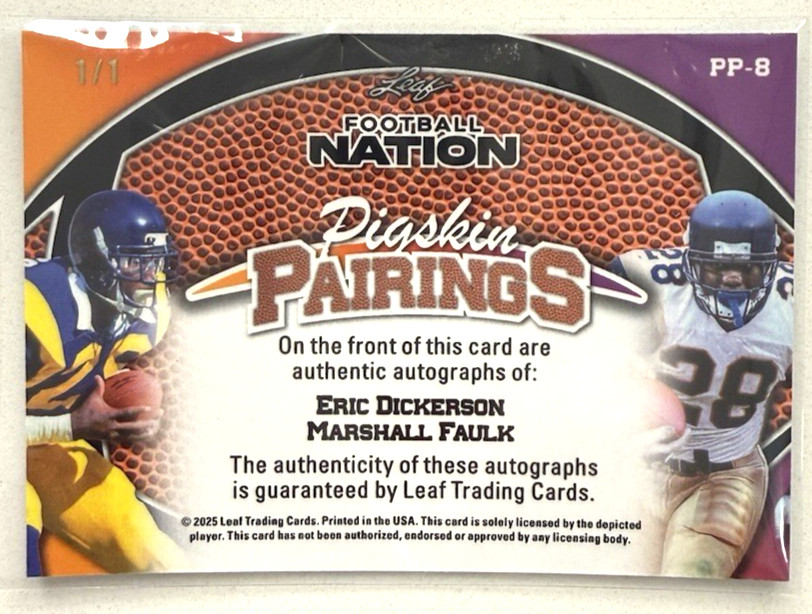 2025 Leaf Football Nation Pigskin Pairing Auto 1/1 Eric Dickerson/Marshall Faulk view 2