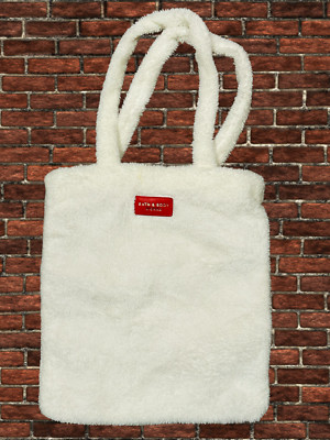 Bath & Body Works White Sherpa Shopper Tote Bag With Red Lining Large Size