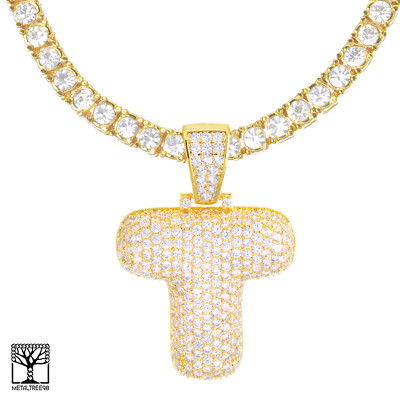 T Initial Custom Bubble Letter Gold Plated Icy Pendant 24