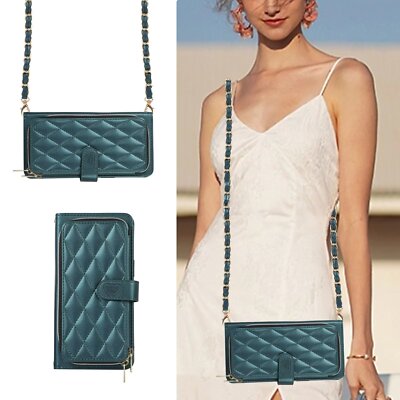 With Neck Strap Crossbody Flip Leather Phone Case Plaid zipper Bank Card Holder