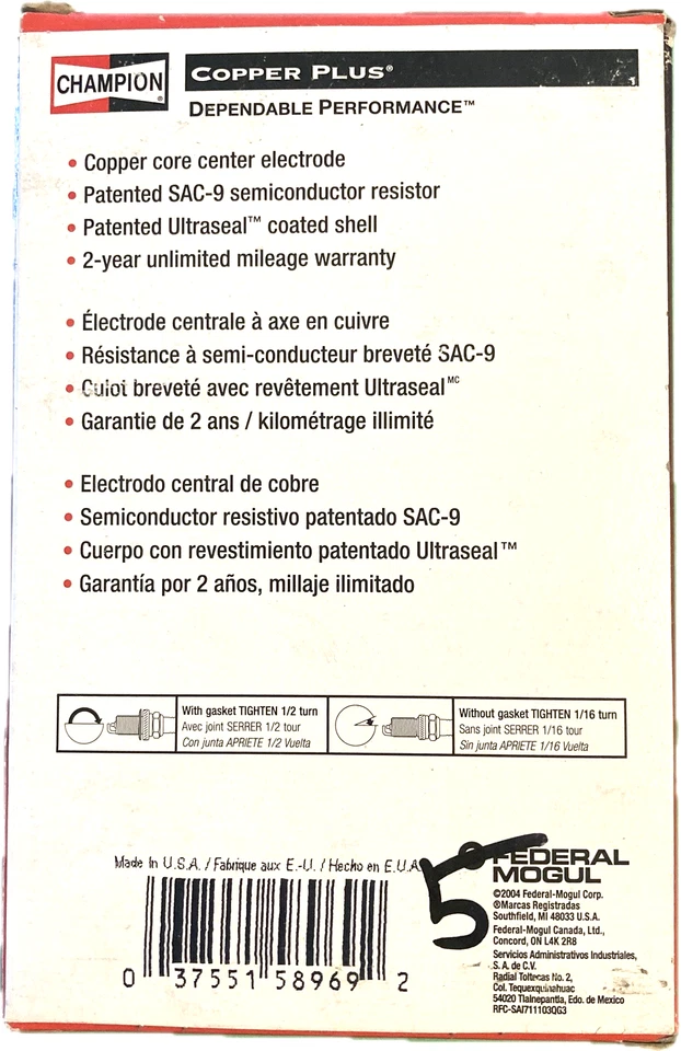 Paquete de 5 bujías Champion genuinas OEM (408) RS14YC para Chevy Impala 2006-2011 Foto 3 de 3