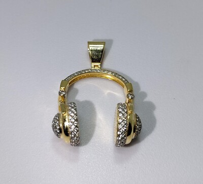1 CT Lab- Created Diamond DJ Studio Music Headphones Pendant Yellow Gold Plated