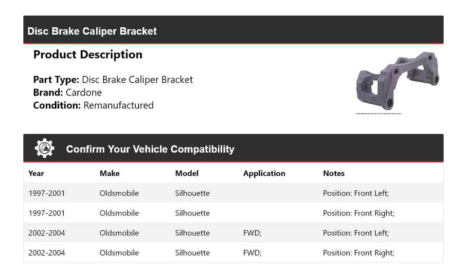 Soporte de pinza de freno de disco Oldsmobile Silhouette 1997-2004 Cardone 1998 1999 Foto 2 de 4
