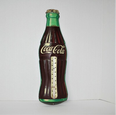 1950's VTG COCA COLA Old Metal ROBERTSON Coke BOTTLE Sign THERMOMETER 17''(E) *