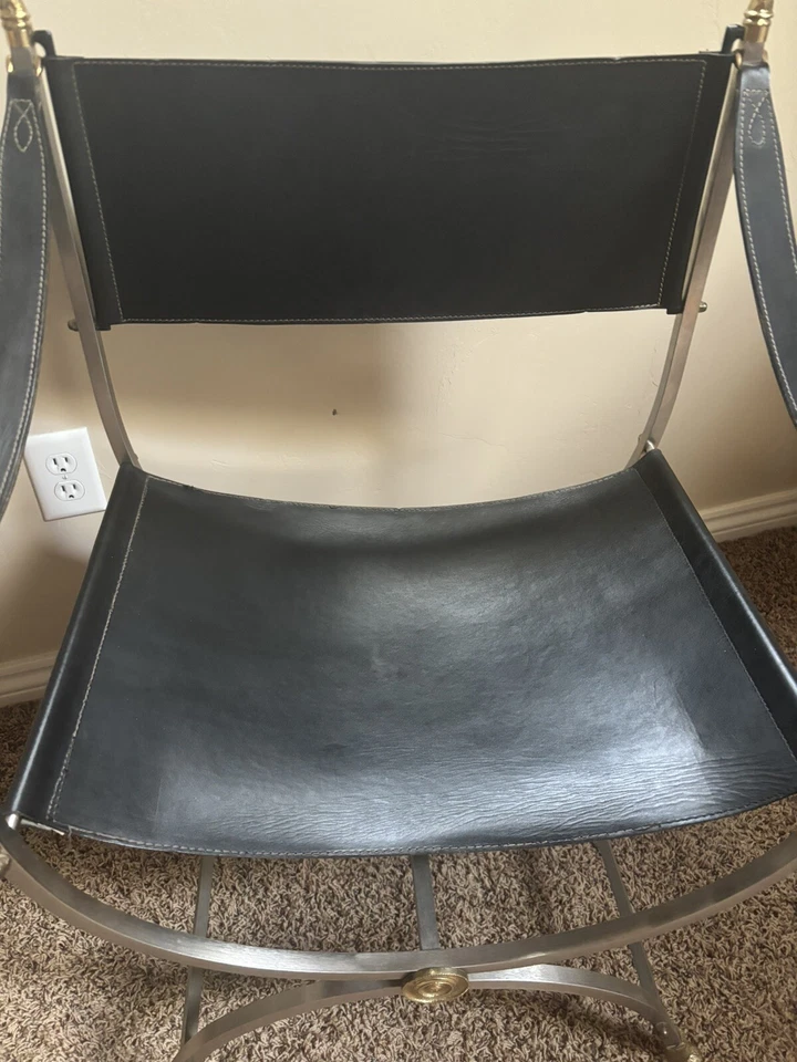 Silla Savonarola Maison Jansen años 60 acero y latón cuero Foto 3 de 4