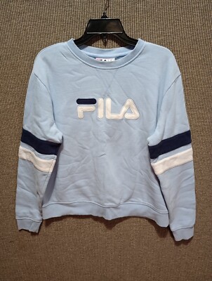 FILA Pullover Crew Neck Sweatshirt Casual Light Ice Blue Size XL Spellout