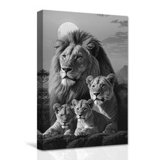 Lion Family Canvas Wall Art Black and White Lion Lioness and Two Cub Picture ...