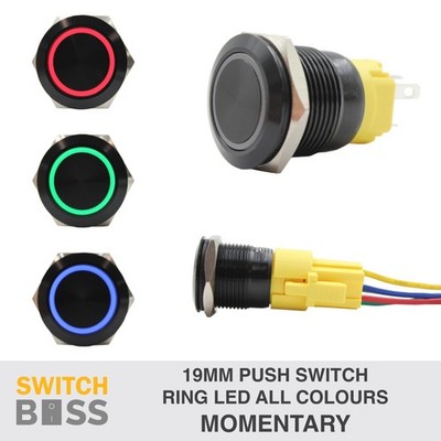 19mm Ring LED (On)-Off Momentary BLACK Aluminium Push Switch R19 12v NO NC