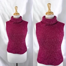 Purple Magenta Fuzzy Eyelash Knit Tank Top 90s Y2K Shimmer Fairy Cowl Neck S/M