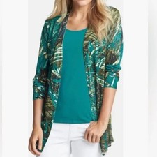 NWT NIC ZOE Print Linen Blend Long Lightweight Cardigan Green Teal L Resort