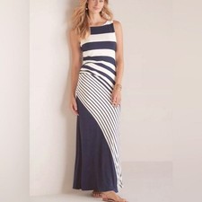 Soft Surroundings Maxi Dress S Navy White Stripe Coastal stretch nautical Resort