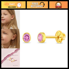 Simulated Birthstone Kids Earrings - 14k Yellow Gold, Secure Screw Backs, Comfor