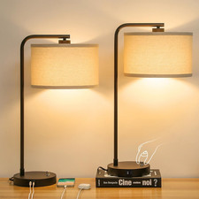 Dimmable Table Lamps Set of 2 with USB Ports, Modern Linen Shade, LED Bulb Inclu