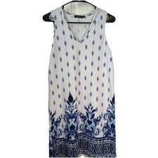 Boho Women's Sleeveless Shift Dress Size 8 Blue White Baroque Print Mini