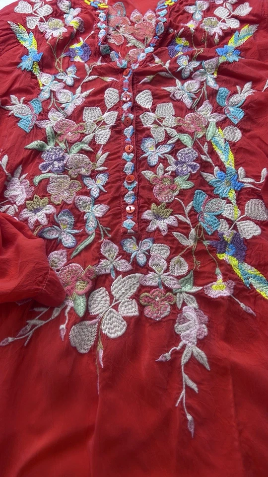 Johnny Was Viola Embroidered Floral Tunic Medium Red Elaborate Embroidery - Image 2 of 4