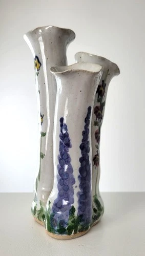 Vintage Hull 3 stem finger stoneware pottery flower vase handbuilt style 7.5"