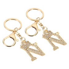Initial Letter Keychain, 2 Pcs Letter N Crown Design Charm, Gold Tone