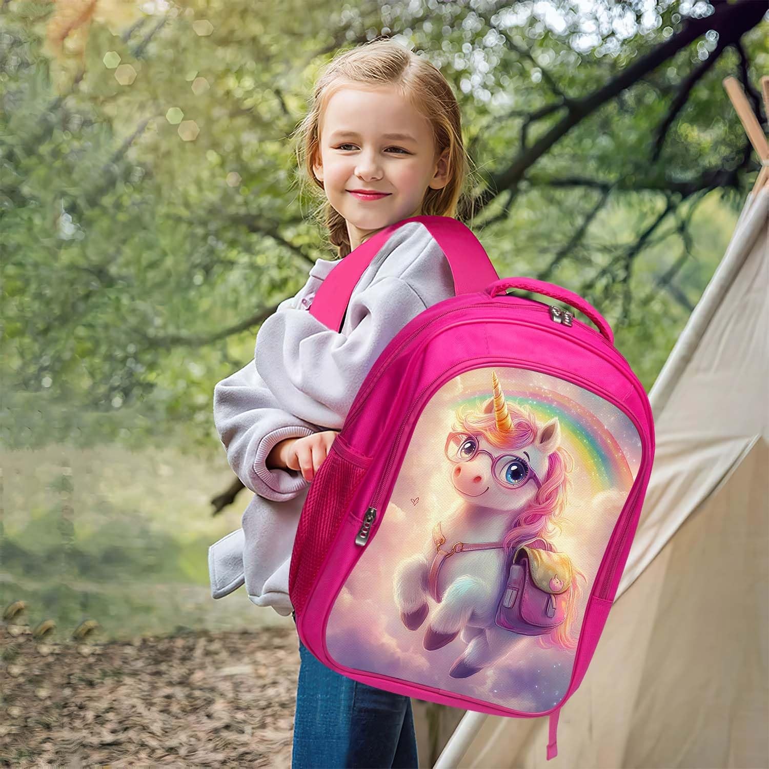 Cute Unicorn Pink Backpack 3PCS 16" Preschool Elementary Schoolbag with Lunch...