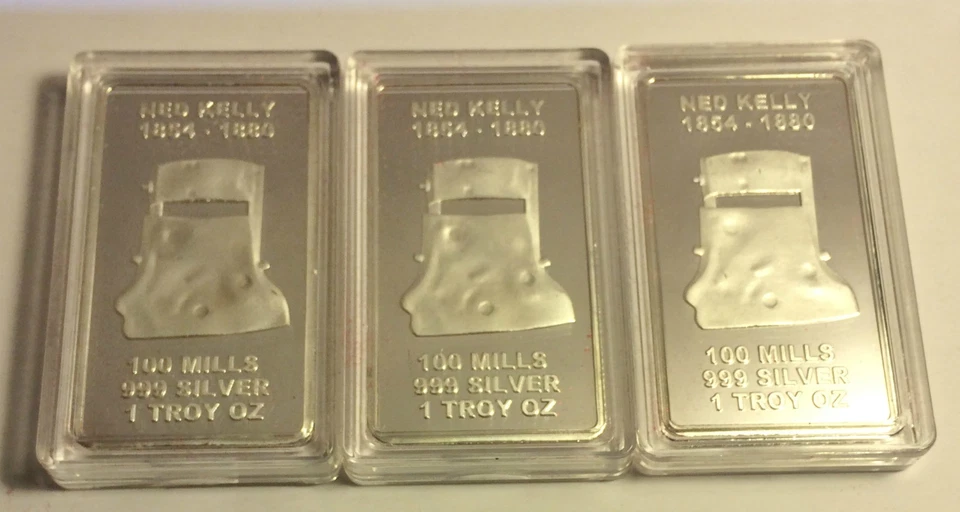 NED KELLY Set Of 3 x 1oz Ingots With Display Box Finished in 999 Silver LTD - image 3 of 4