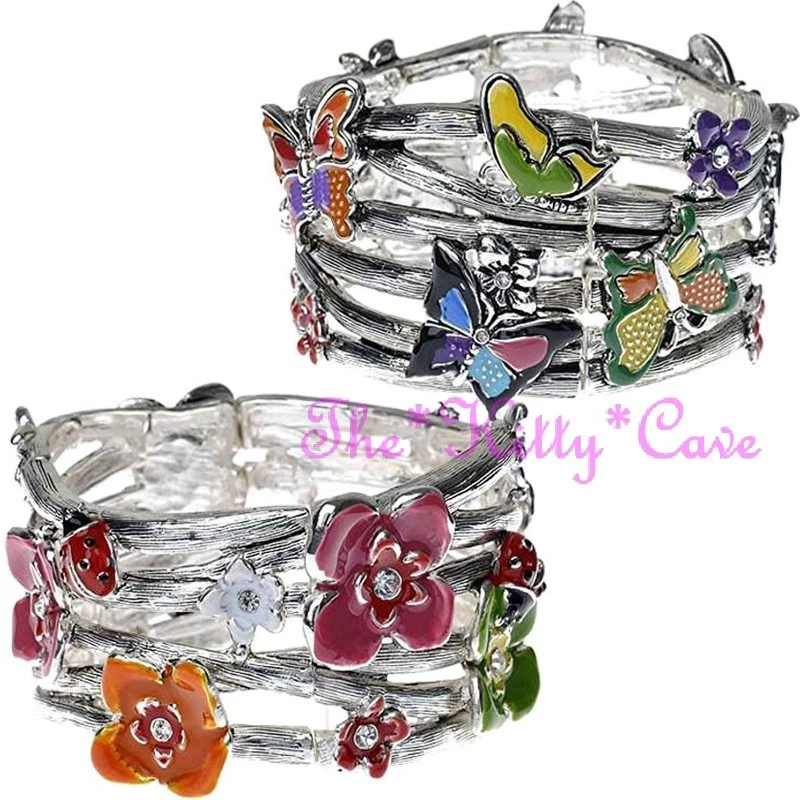 Brazalete elástico con flores florales esmaltadas de cristal 3D inusual texturizado mariposas Foto 2 de 2