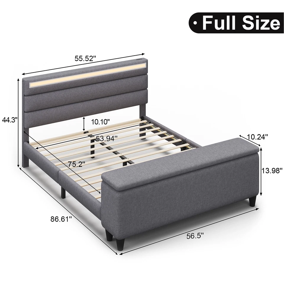 Upholstered Full Queen LED Bed Frame with Storage Ottoman, Charging Station - Image 2 of 4