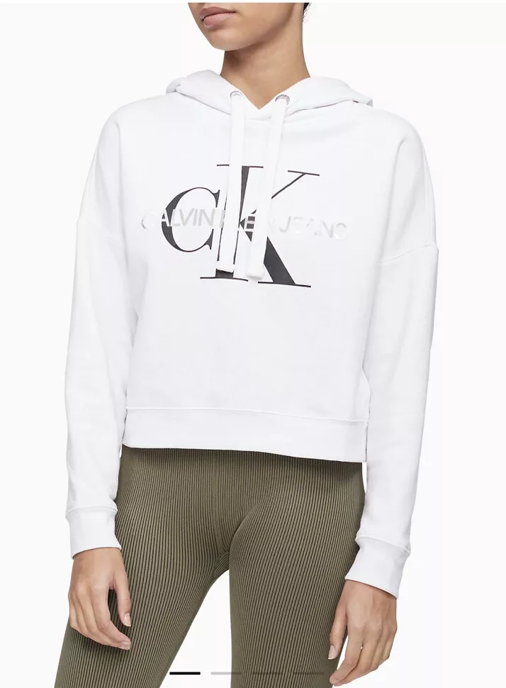 Calvin Klein Monogram Logo Cropped Drawstring Hoodie. White. Sz Small