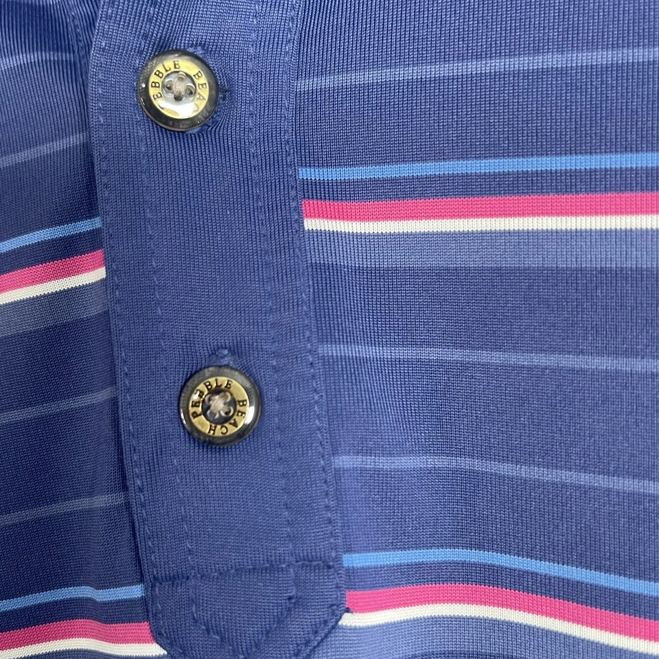 Pebble Beach Mens Polo Shirt L Blue Pink Striped Short Sleeve Performance Golf - Image 3 of 4