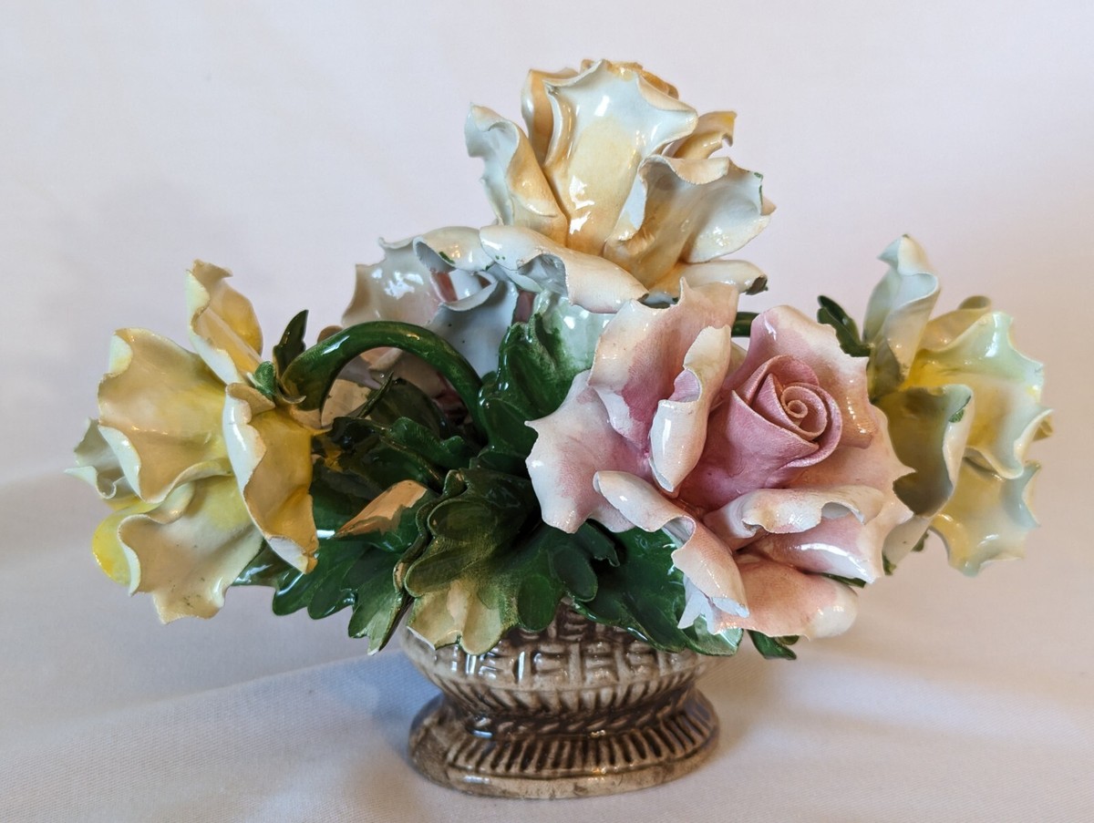 Vintage LARGE Capodimonte porcelain flower basket w/ handle rose 4
