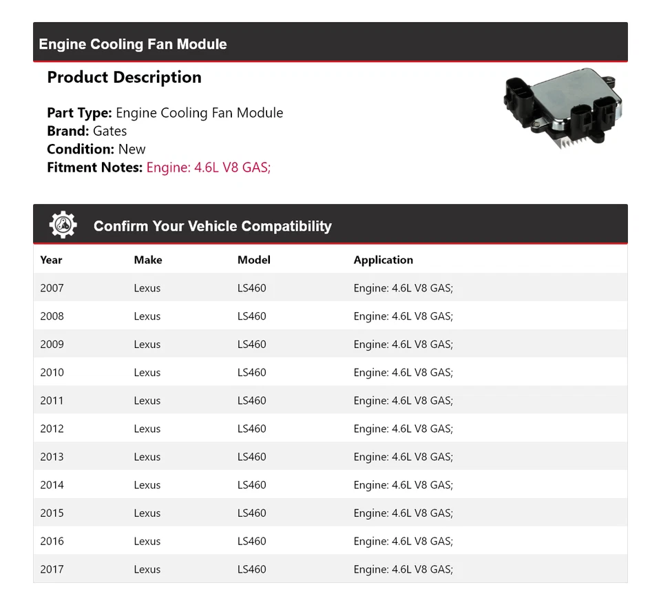 Módulo de ventilador de refrigeración del motor V8 de 4,6 L 2007-2017 puertas 2008 2009 Lexus LS460 Foto 2 de 4