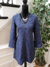 Gap Women's Blue & White 100% Polyester V-Neck Long Sleeve Knee Length Dress XS