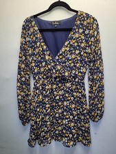 Lulus Dress Faux Wrap Navy Blue Flower Print Long Sleeve Medium Dress 2840