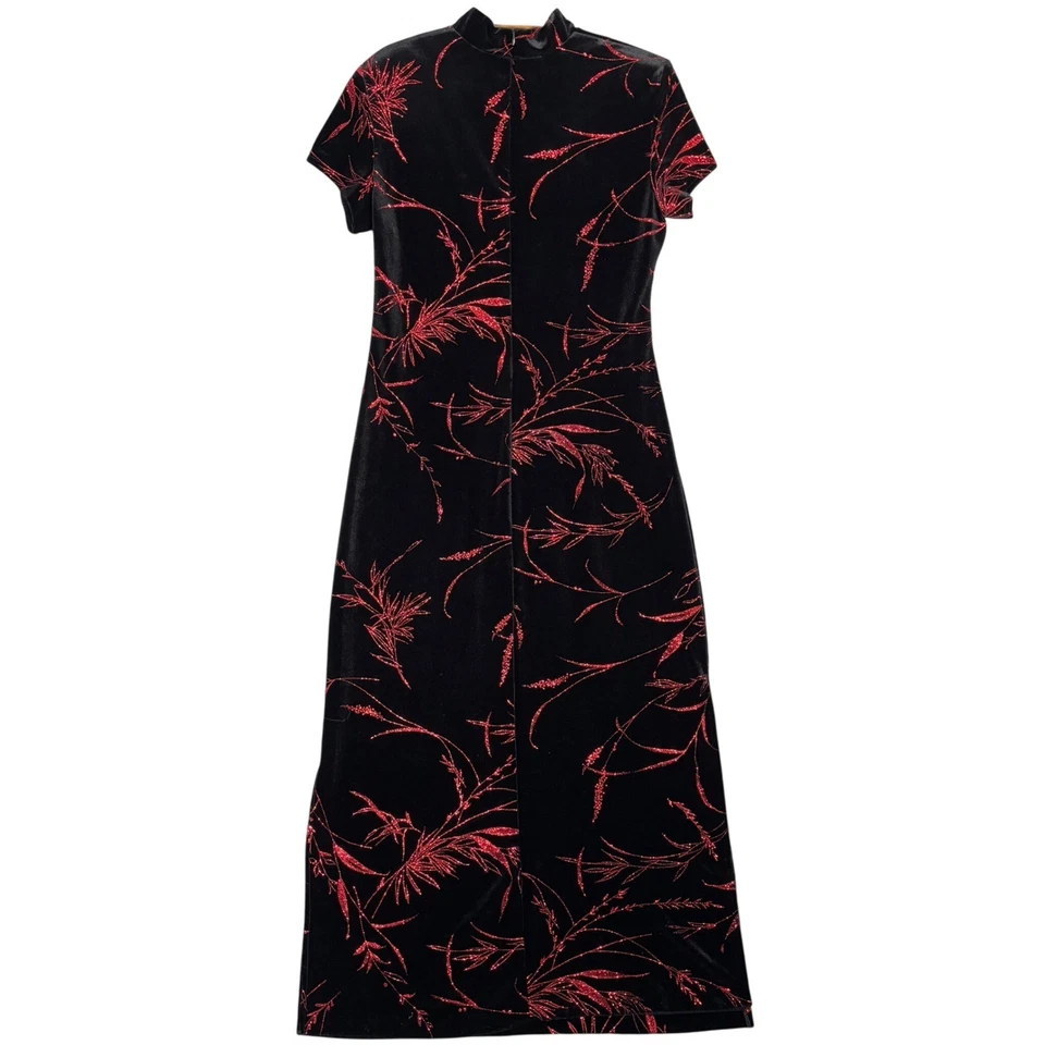 Maxi Vestido Vintage Sheri Martin Cheongsam Qipao Talla 16 Negro Rojo Terciopelo Floral Foto 2 de 4