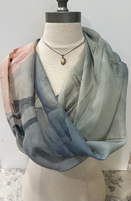 NWT WENSLI 100% Mulberry Silk Scarf 21x70 Oblong Botanical Lotus Floral Wrap