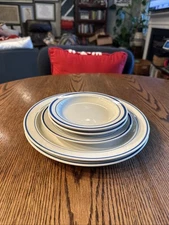 Stoneware Plate Set White & Blue Set Of 5 Dinner Luncheon Bread Plates