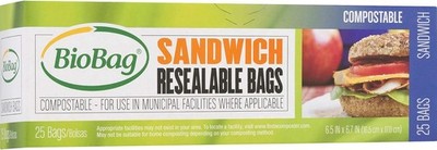 BioBag 100% Certified Compostable Resealable Sandwich Bags, 25 Count, Perfect fo