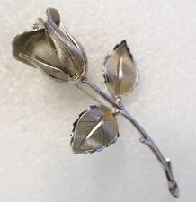 Vintage Silver Tone Rose Pinback Button Floral Brooch