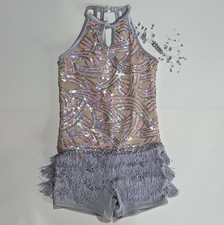 Weissman Girls Silver Sequin Fringe Unitard Dance Costume Size LC Polyester
