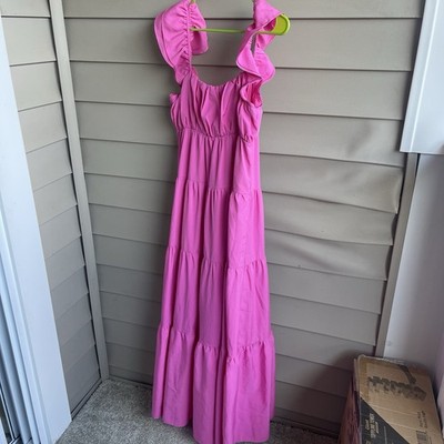 free the roses pink dress Free The Roses Maxi Dress S Pink Ruffle Sleeves Tiered Lined Zip Closure