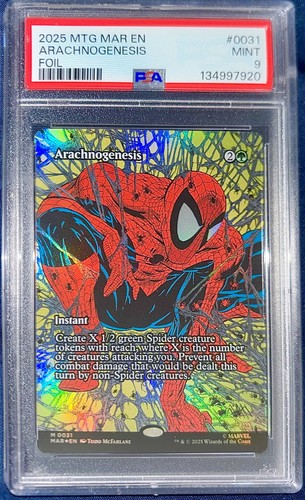 🕸️MARVEL SPIDER MAN Arachnogenesis Borderless MTG HOLO FOIL PSA9 Brand New Day
