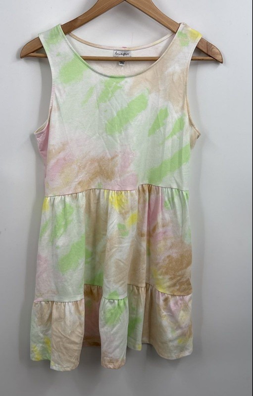 NWT Love Fire Girls Green Pink Tie Dye Tiered Round Neck Tank Dress Size XL