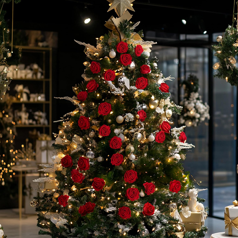 50 PCS Fake Red Roses, Artificial Red Flowers Bulk Realistic Silk Faux ...